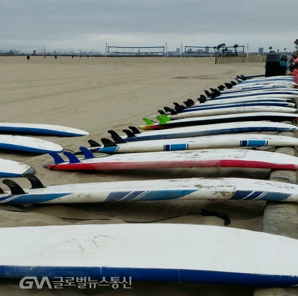 (사진제공: Seal beach주재 Jane Nam) Surfer들을 기다리는 Seal beach Surfing school의 Board들 
