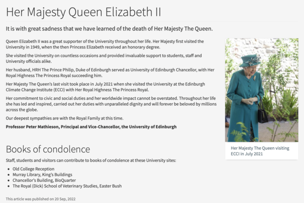 에든버러 대학교 홈페이지에 올라온 엘리자베스 2세 여왕에 대한 추모사