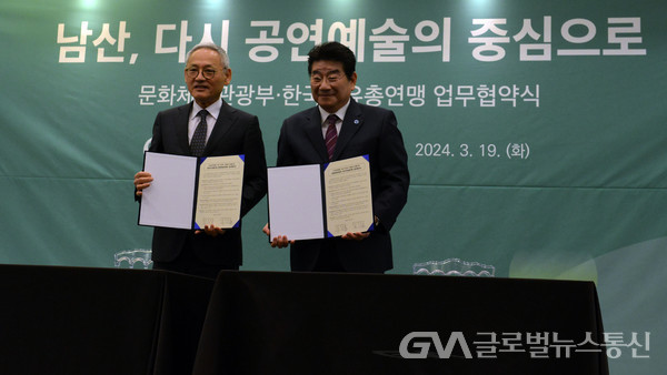 (사진제공:한국자유총연맹) 업무협약서를 펼쳐보이는 유인촌 장관(좌)과 강석호 총재(우)