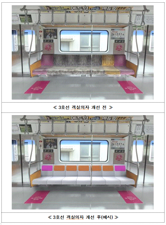 (사진제공: 서울시)지하철 3호선 객실의자 개선 전/후 비교 사진